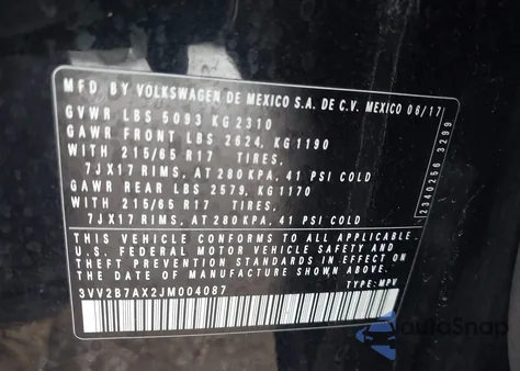 2018 Volkswagen Tiguan 2.0T Se/2.0T Sel из США, поврежденный, VIN 3VV2B7AX2JM004087